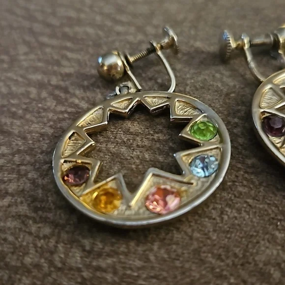 Antique 1920s Art Noveau Atomic Star Rainbow Rhinestone Screw-on Nebula Earrings - Picture 3 of 6